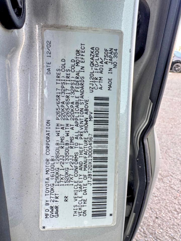 2003 Lexus Gx 470 Base Silver vin: JTJBT20X130004567