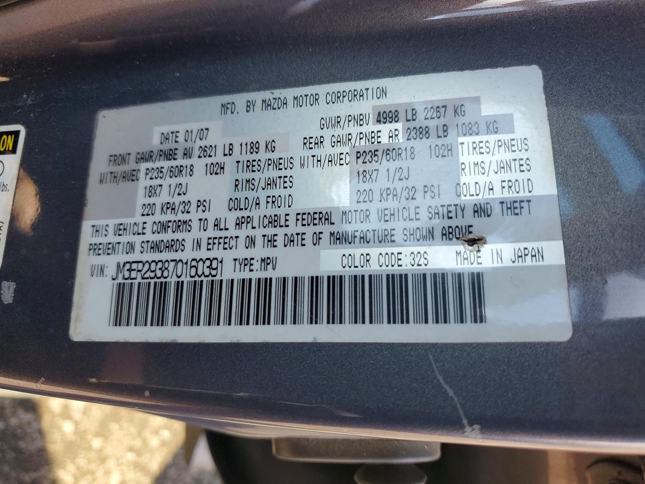 2007 Mazda Cx-7 Gray vin: JM3ER293870160391
