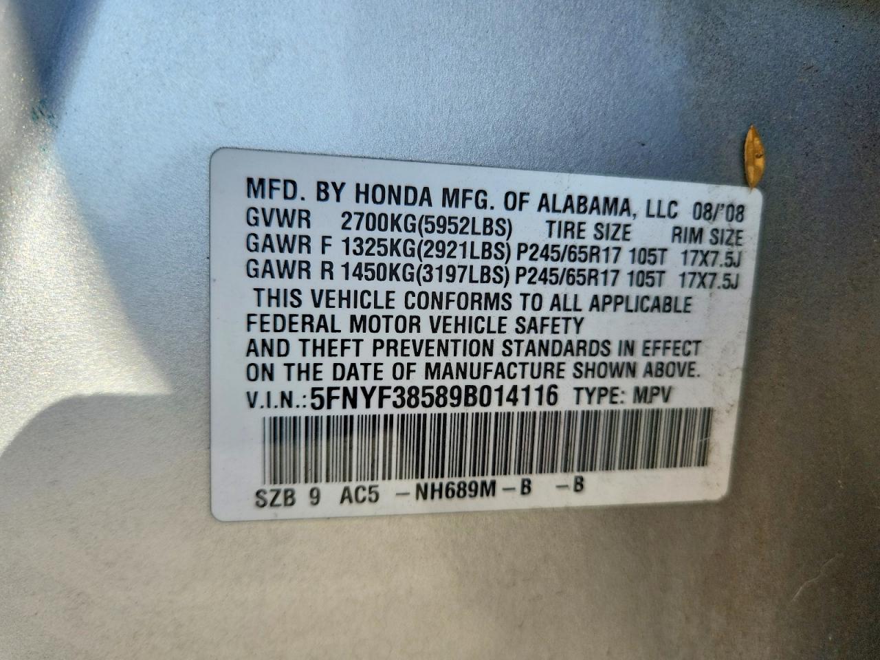 2009 Honda Pilot Exl Silver vin: 5FNYF38589B014116