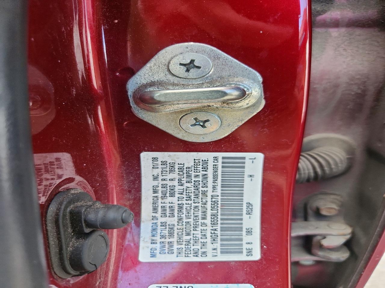 2008 Honda Civic Lx Red vin: 1HGFA16558L055670