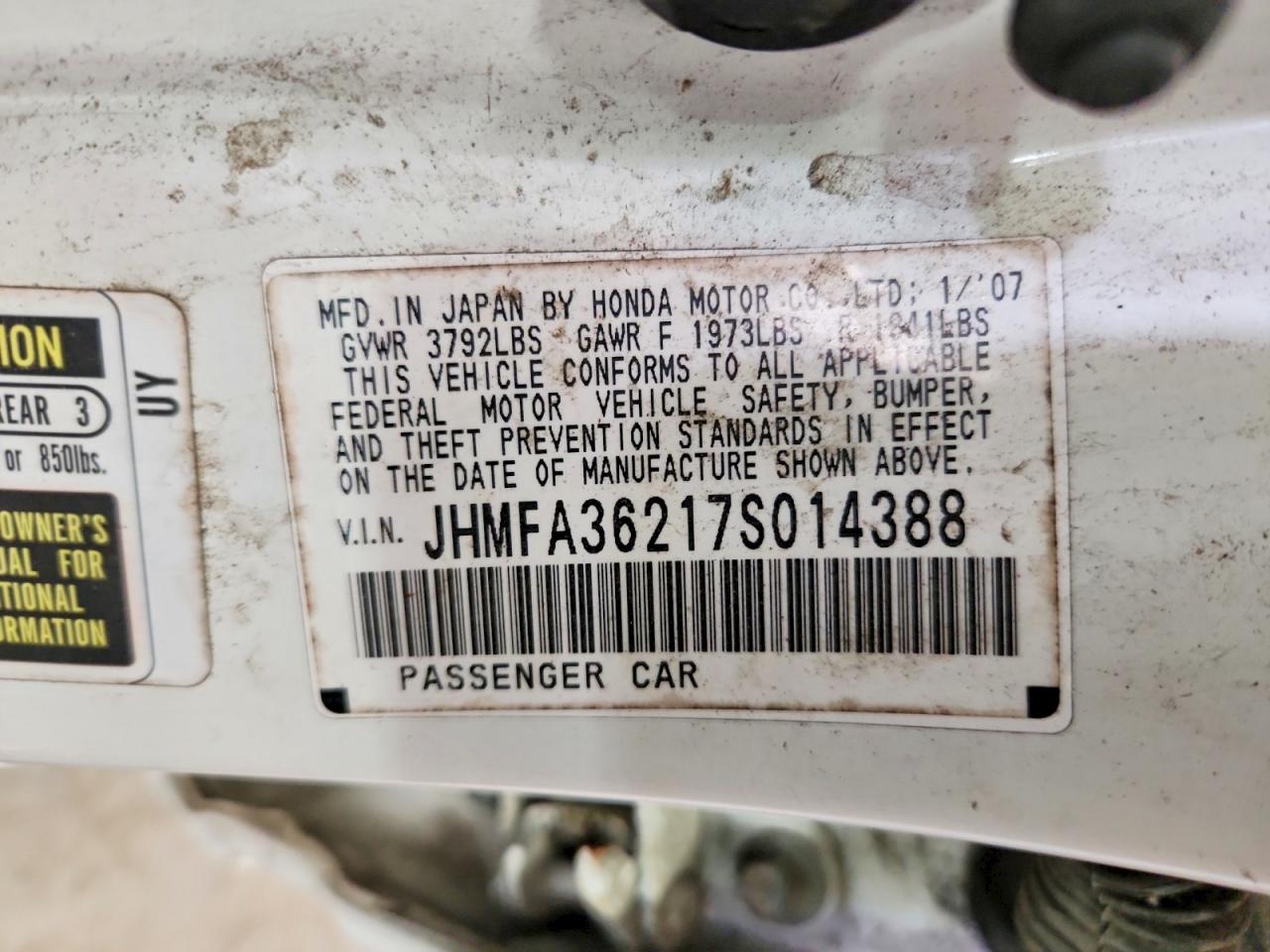 2007 Honda Civic Hybrid White vin: JHMFA36217S014388