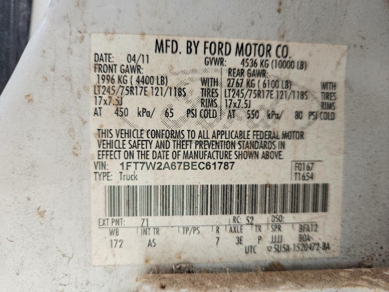 2011 Ford F250 Super Duty White vin: 1FT7W2A67BEC61787