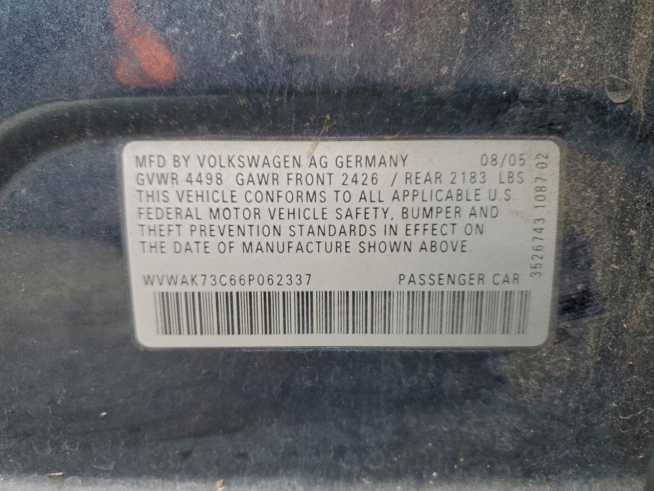 2006 Volkswagen Passat 2.0t Синий vin: WVWAK73C66P062337