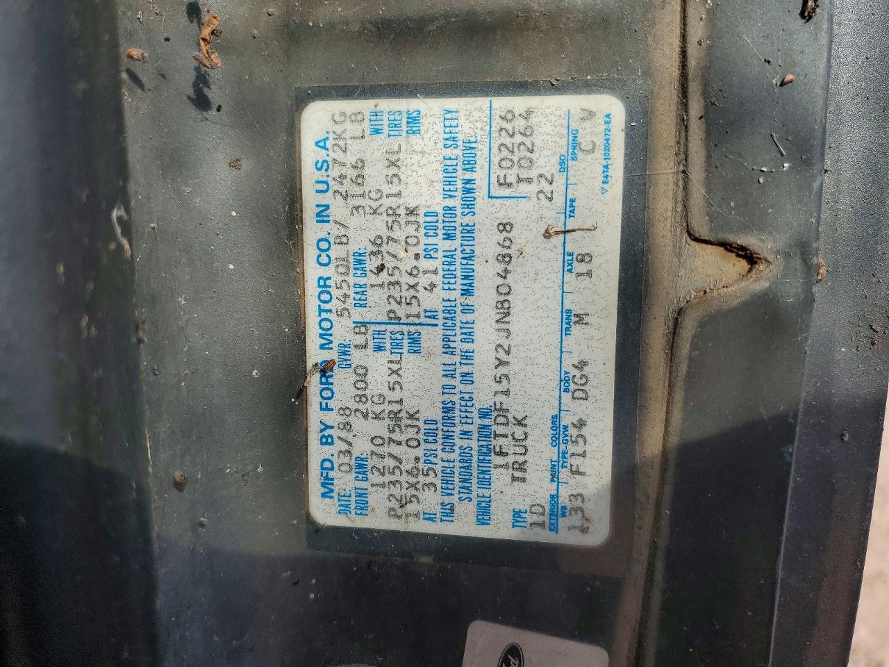 1988 Ford F150 Gray vin: 1FTDF15Y2JNB04868