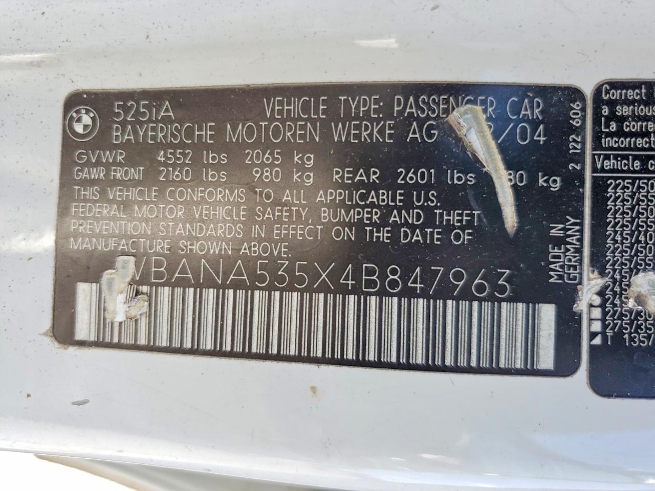 2004 Bmw 525 I Белый vin: WBANA535X4B847963