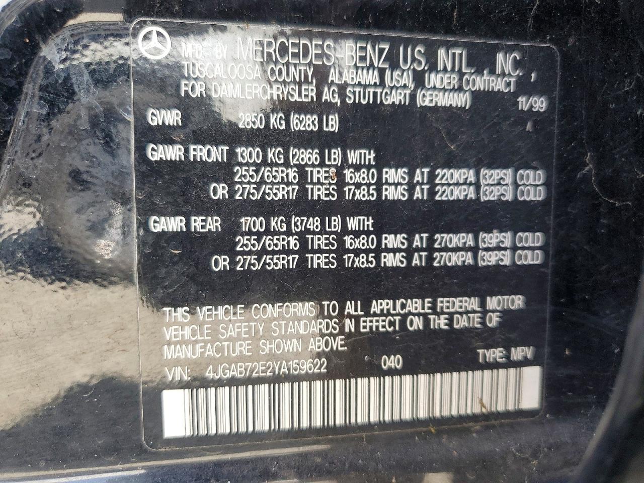 2000 Mercedes-benz Ml 430 Black vin: 4JGAB72E2YA159622