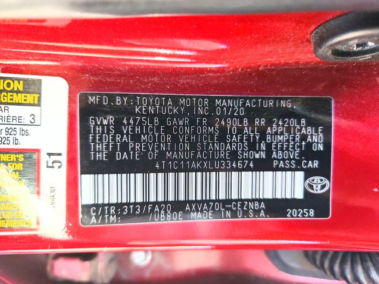 2020 Toyota Camry Le Red vin: 4T1C11AKXLU334674