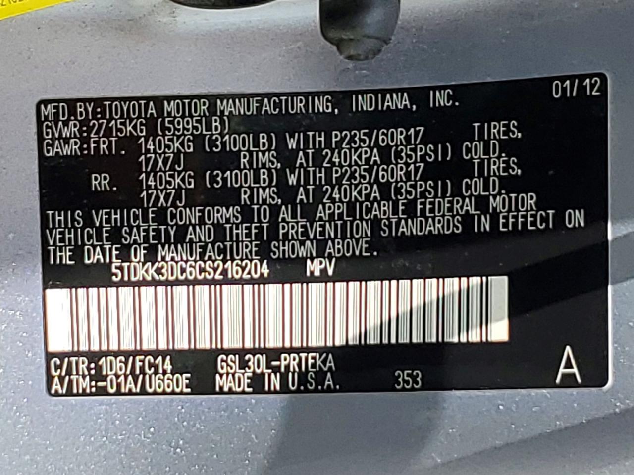 2012 Toyota Sienna Le Silver vin: 5TDKK3DC6CS216204