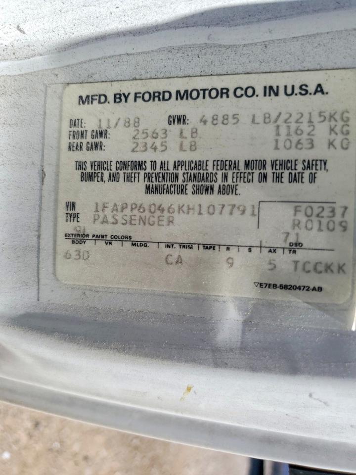 1989 Ford Thunderbird White vin: 1FAPP6046KH107791
