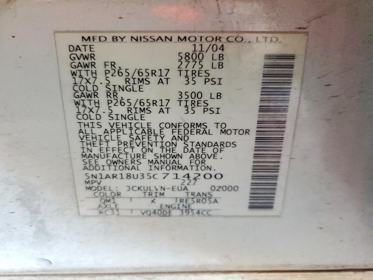 2005 Nissan Pathfinder Xe White vin: 5N1AR18U35C714200