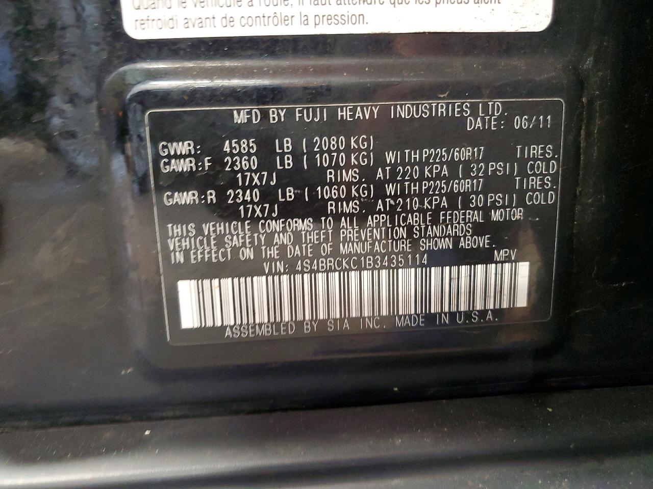 2011 Subaru Outback 2.5i Limited Black vin: 4S4BRCKC1B3435114
