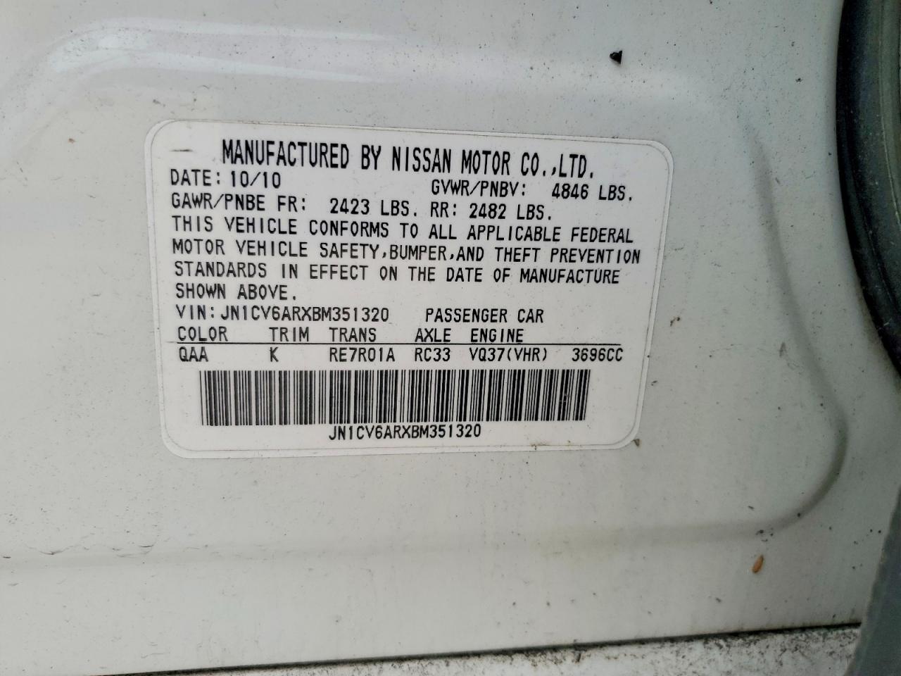 2011 Infiniti G37 Sedan X White vin: JN1CV6ARXBM351320