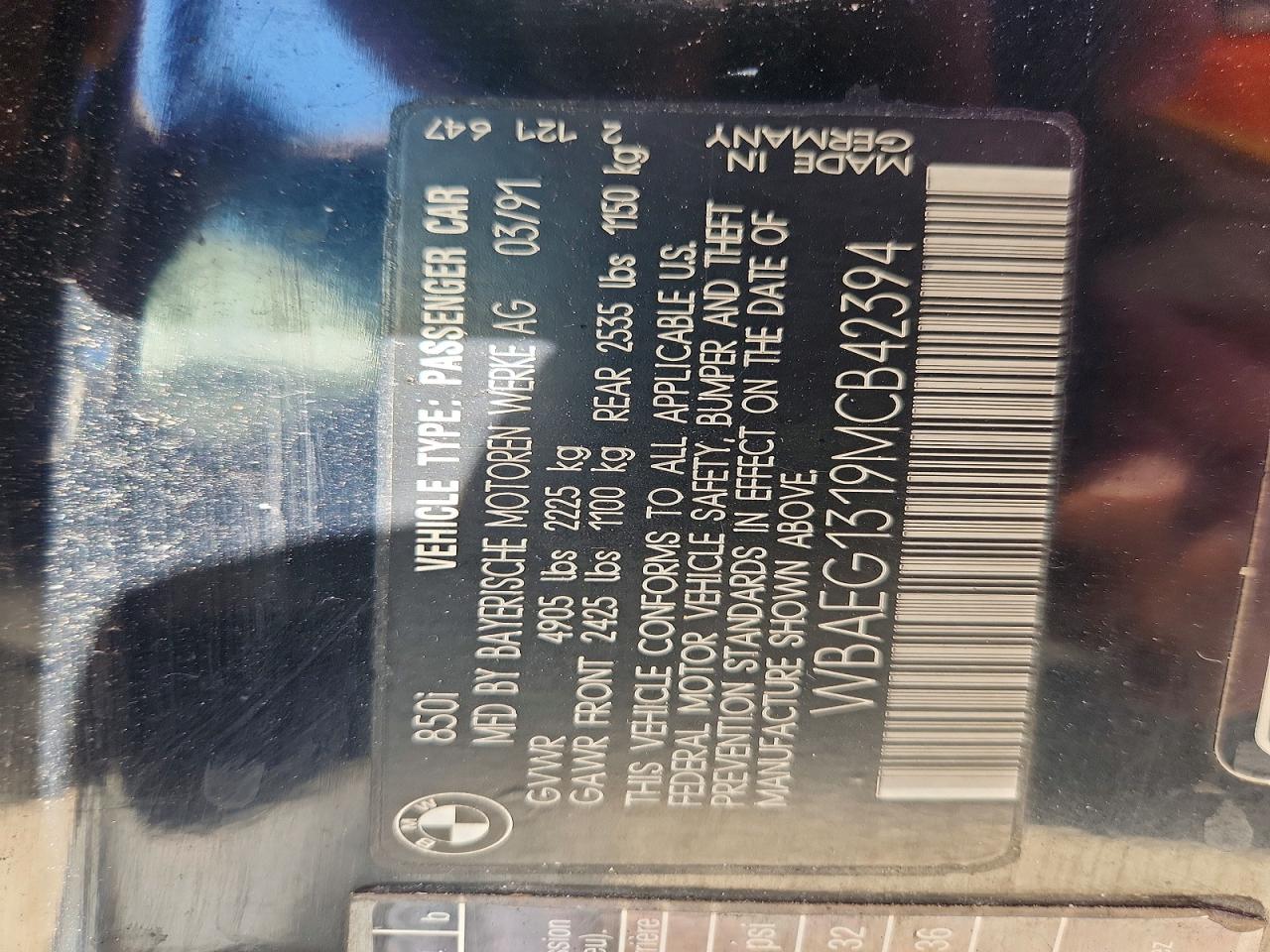 1991 Bmw 850 I Black vin: WBAEG1319MCB42394