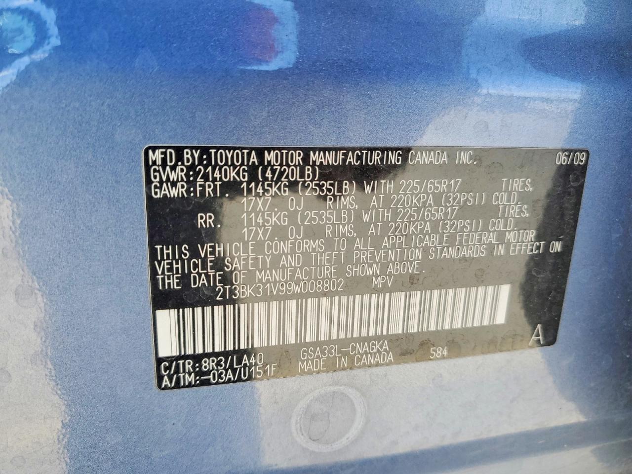 2009 Toyota Rav4 Limited Blue vin: 2T3BK31V99W008802