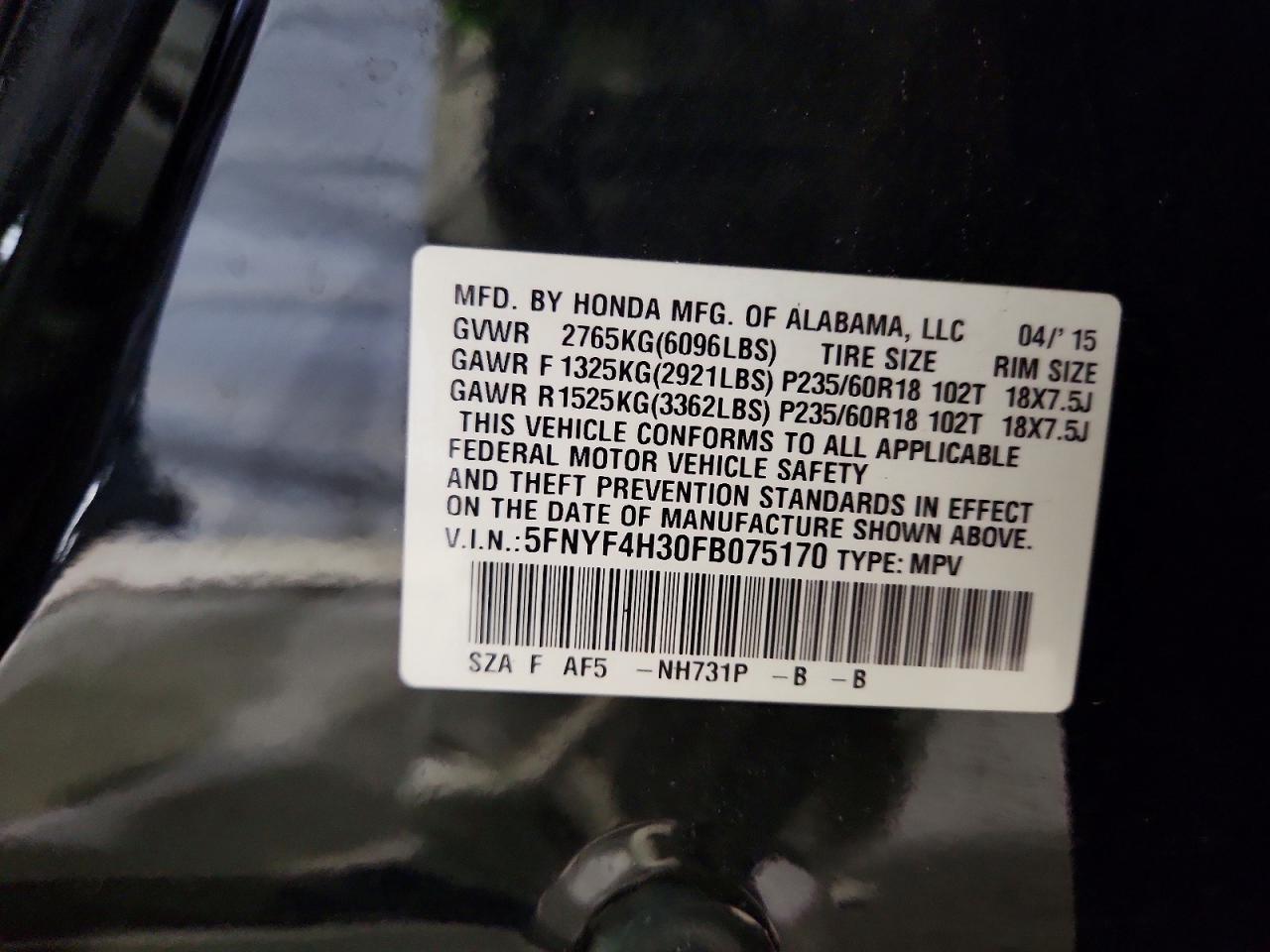 2015 Honda Pilot Se Black vin: 5FNYF4H30FB075170