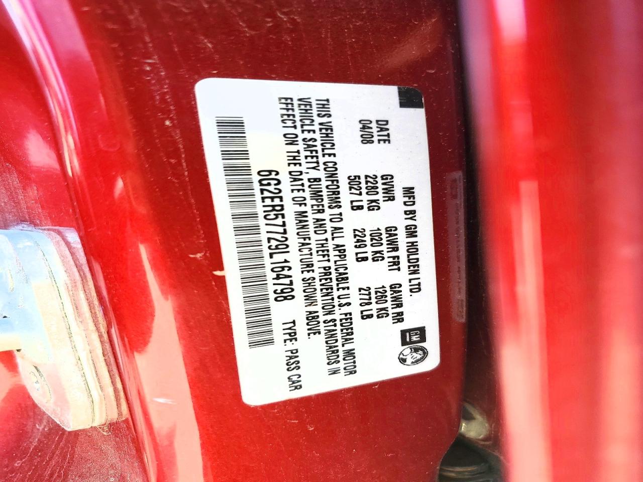 2009 Pontiac G8 Red vin: 6G2ER57729L164798