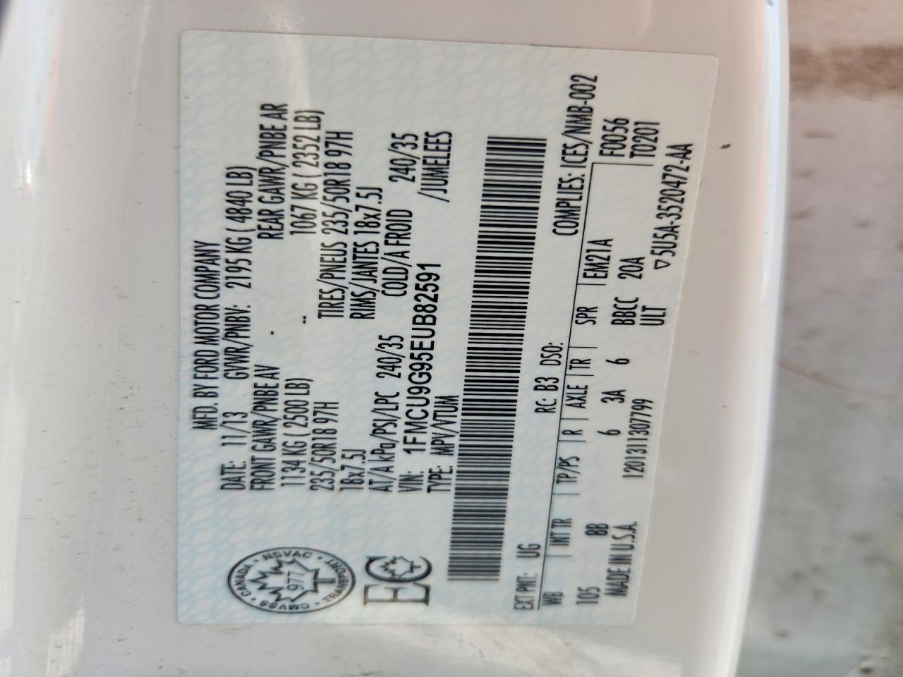 2014 Ford Escape Se White vin: 1FMCU9G95EUB82591