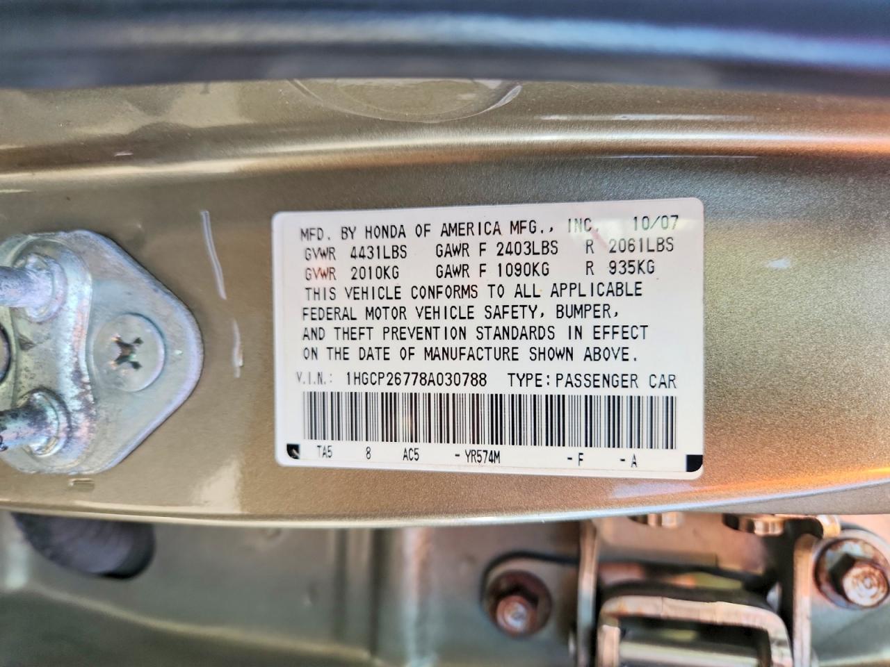 2008 Honda Accord Ex Gold vin: 1HGCP26778A030788