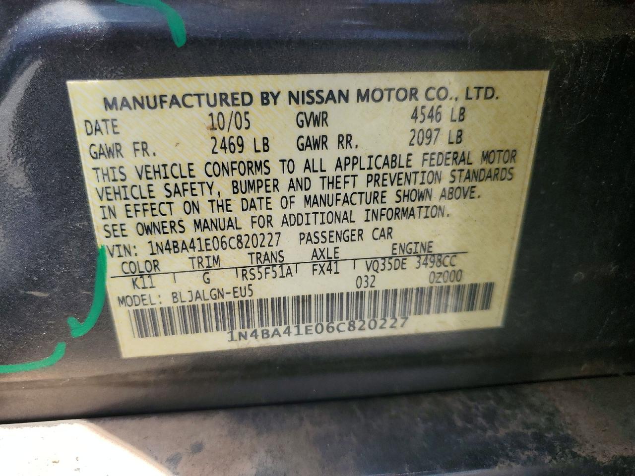2006 Nissan Maxima 3.5 Se Gray vin: 1N4BA41E06C820227