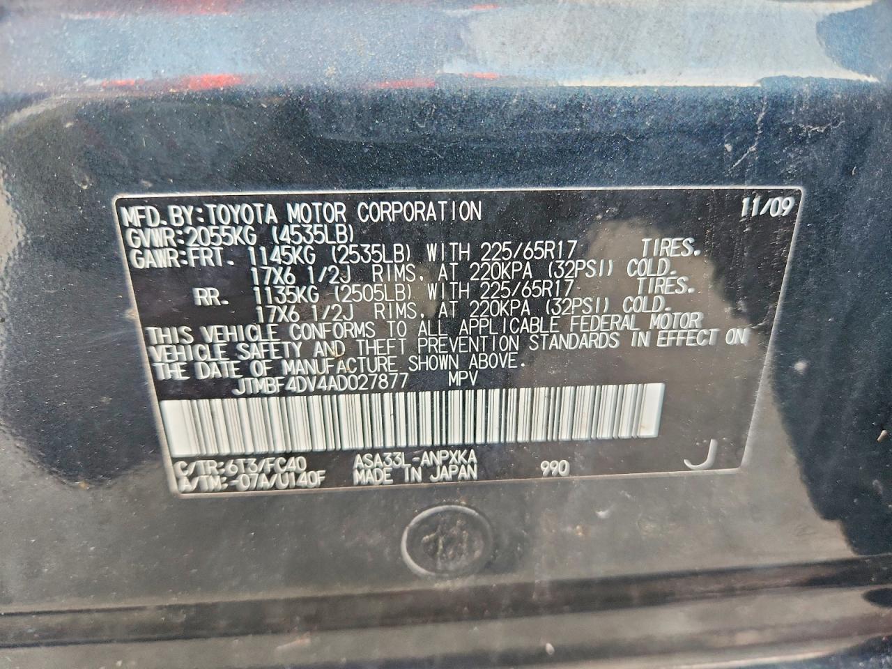 2010 Toyota Rav4 Base Blue vin: JTMBF4DV4AD027877