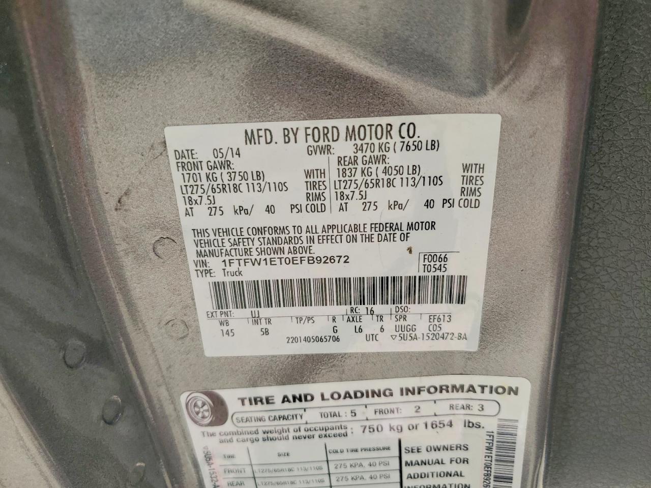 2014 Ford F150 Supercrew Gray vin: 1FTFW1ET0EFB92672