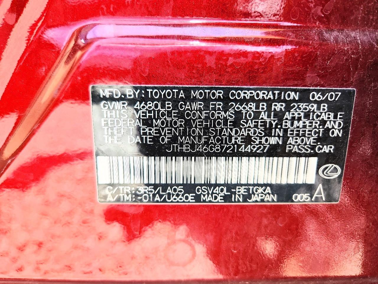 2007 Lexus Es 350 Red vin: JTHBJ46G872144927