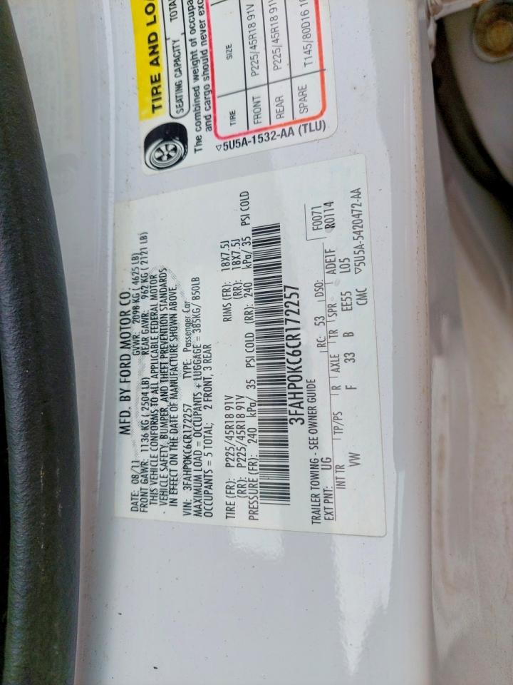 2012 Ford Fusion Sport White vin: 3FAHP0KC6CR172257