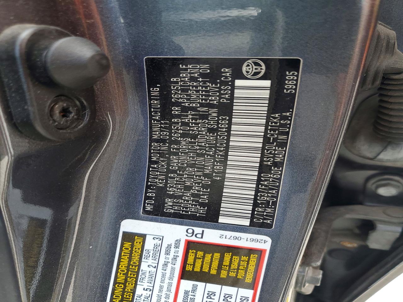 2012 Toyota Camry L Серый vin: 4T1BF1FK4CU504663
