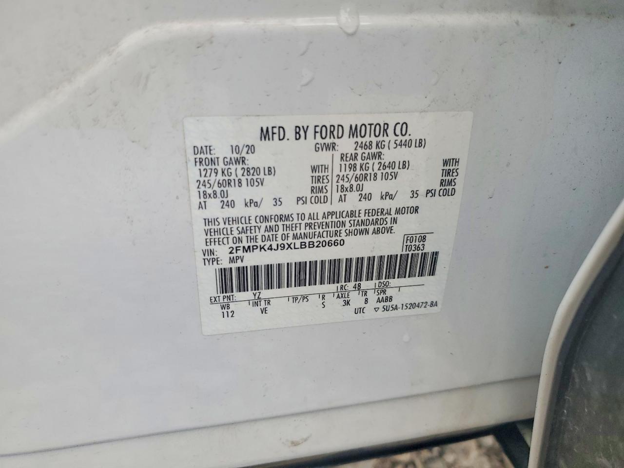 2020 Ford Edge Sel White vin: 2FMPK4J9XLBB20660