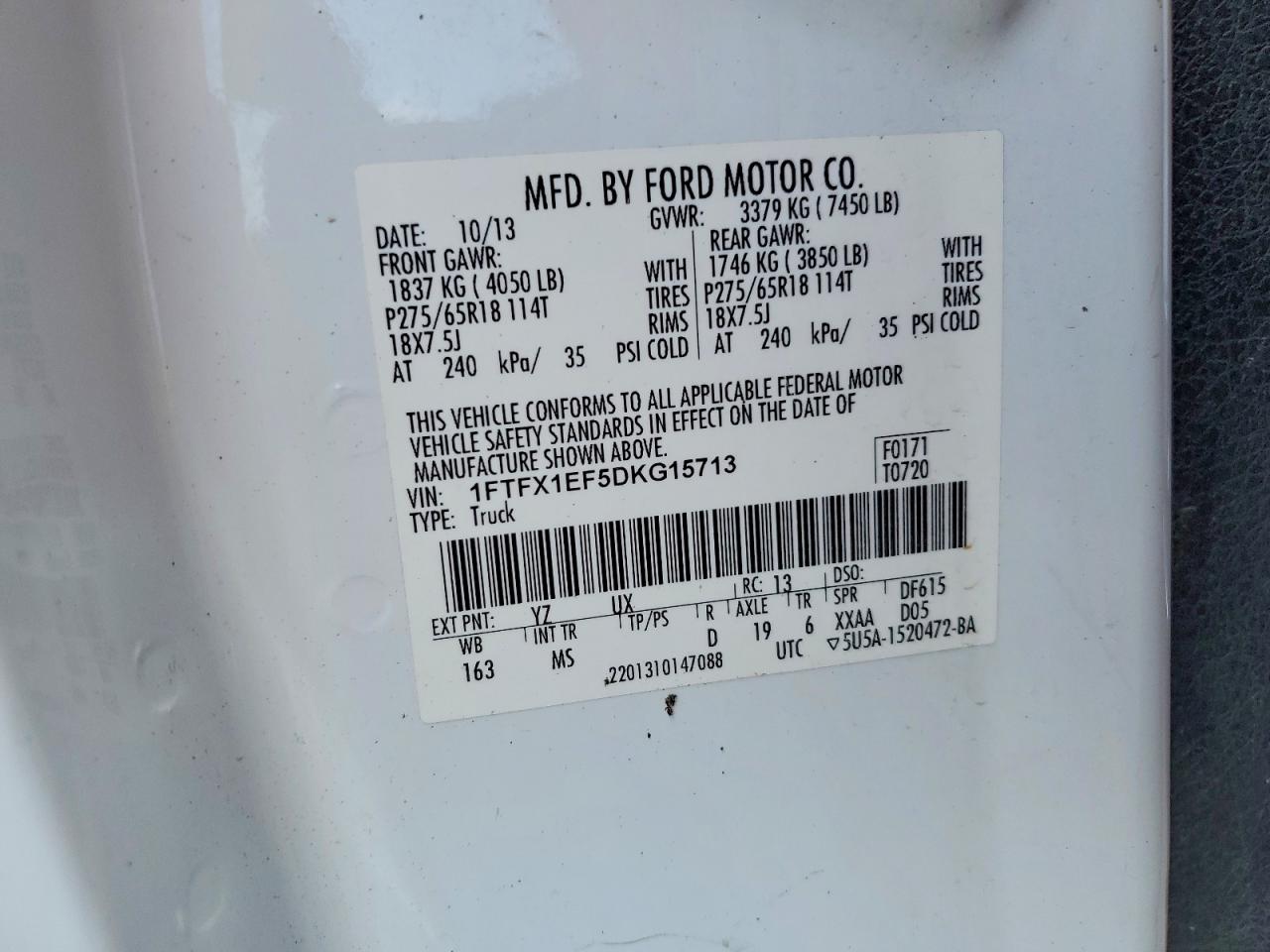2013 Ford F150 Super Cab White vin: 1FTFX1EF5DKG15713