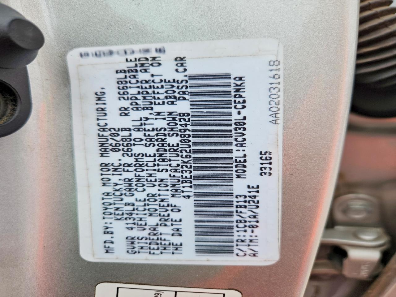 2002 Toyota Camry Le Silver vin: 4T1BE32K62U089428