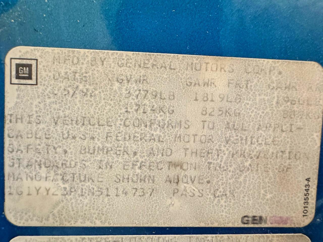 1992 Chevrolet Corvette Blue vin: 1G1YY23P1N511473