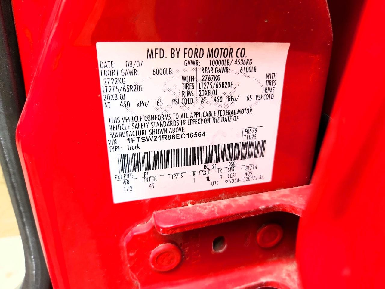2008 Ford F250 Super Duty Red vin: 1FTSW21R88EC16564