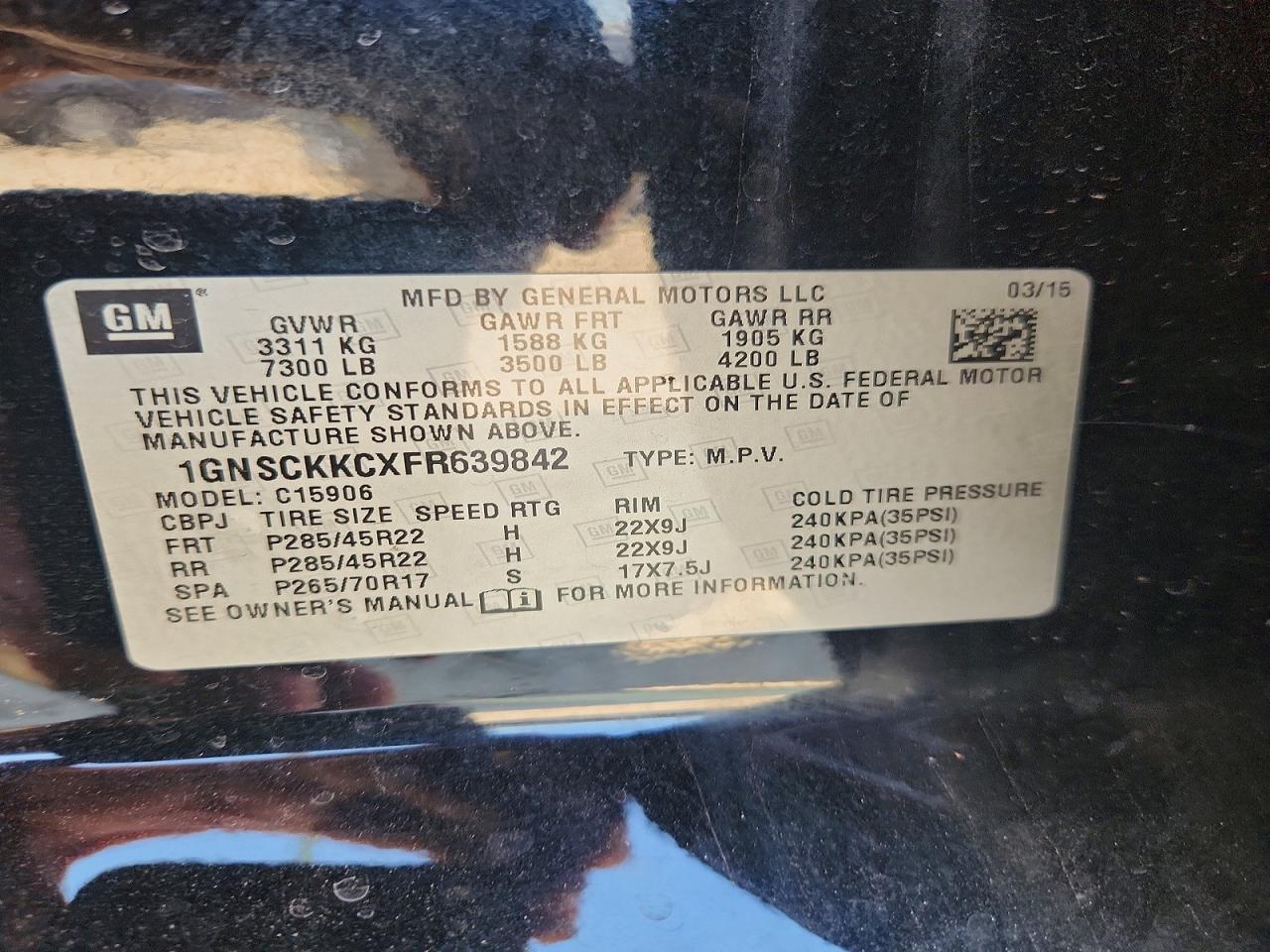 2015 Chevrolet Suburban C1500 Ltz Black vin: 1GNSCKKCXFR639842