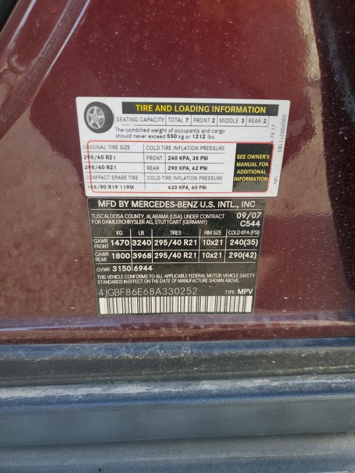 2008 Mercedes-benz Gl 550 4matic Burgundy vin: 4JGBF86E68A330252