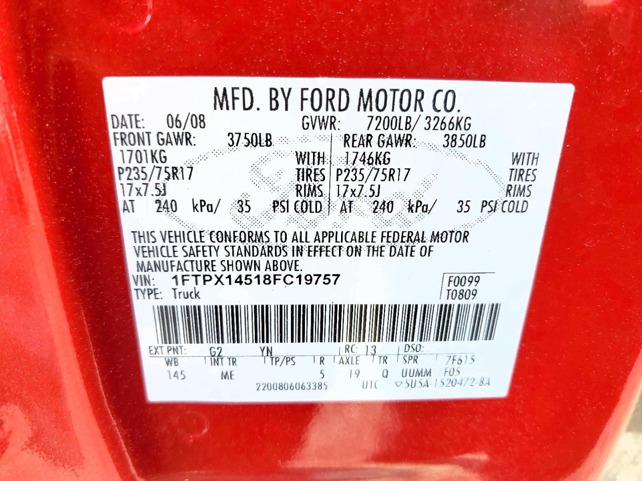 2008 Ford F150 Red vin: 1FTPX14518FC19757