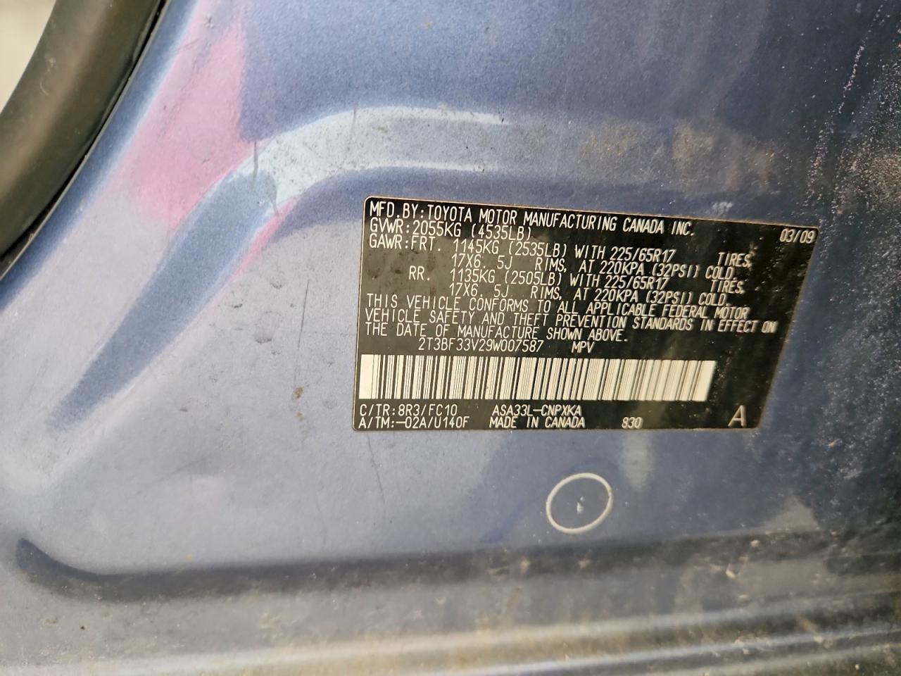2009 Toyota Rav4 Base Blue vin: 2T3BF33V29W007587