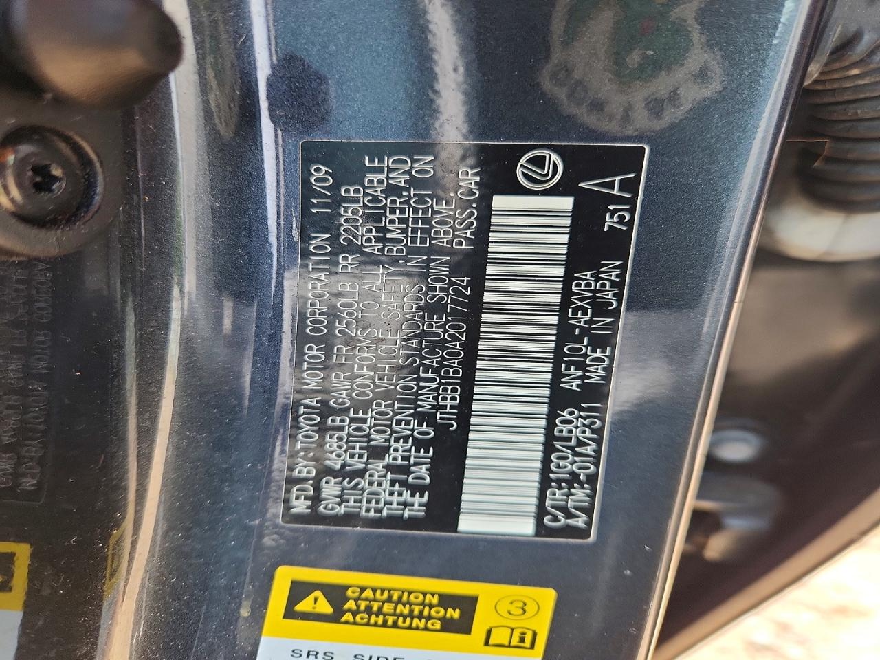 2010 Lexus Hs 250h Black vin: JTHBB1BA0A2017724