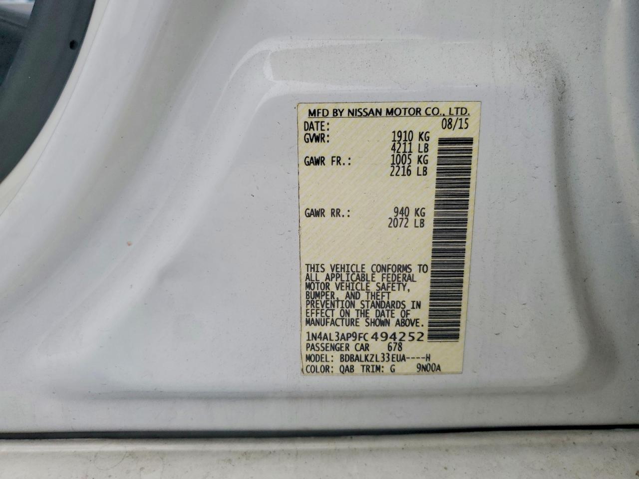 2015 Nissan Altima 2.5 Sv White vin: 1N4AL3AP9FC494252