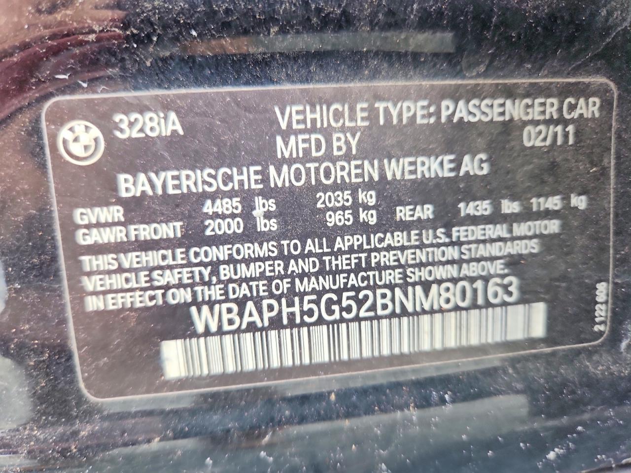 2011 Bmw 328 I Sulev Черный vin: WBAPH5G52BNM80163