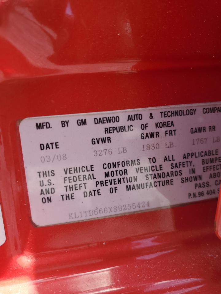 2008 Chevrolet Aveo Base Red vin: KL1TD666X8B255424