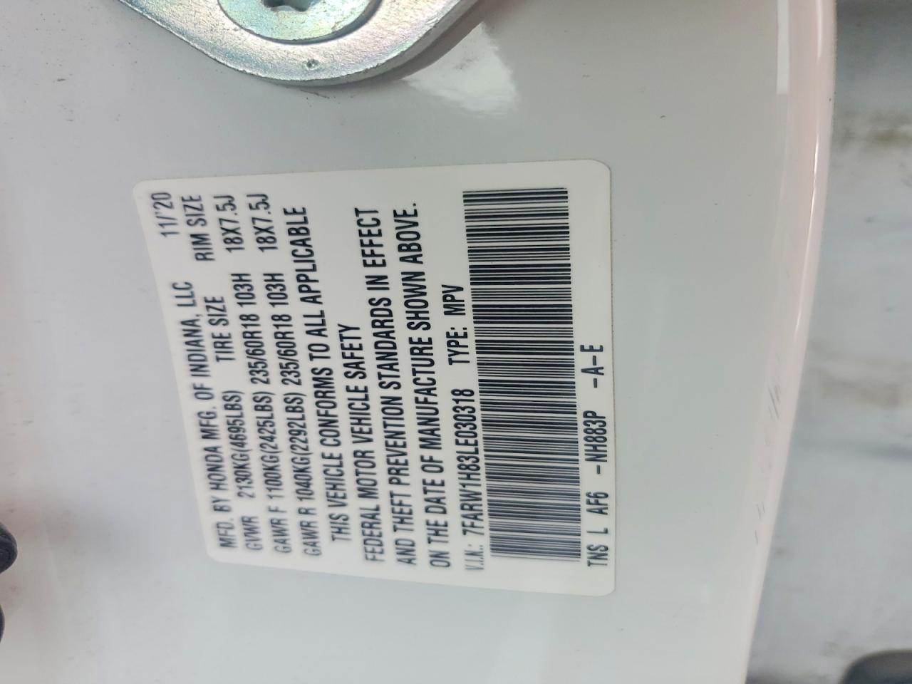 2020 Honda Cr-v Exl White vin: 7FARW1H83LE030318