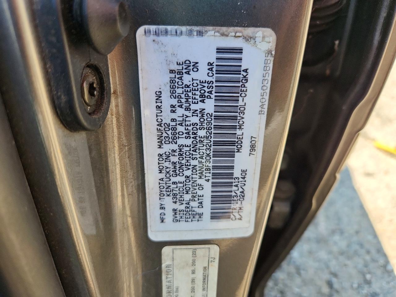 2002 Toyota Camry Xle V6 Gray vin: 4T1BF30K32U526902