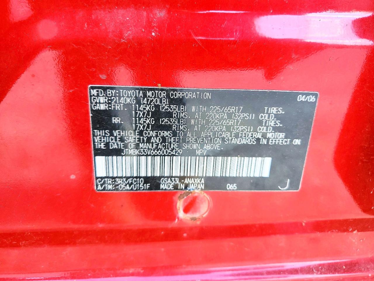 2006 Toyota Rav4 Base Красный vin: JTMBK33V666005429