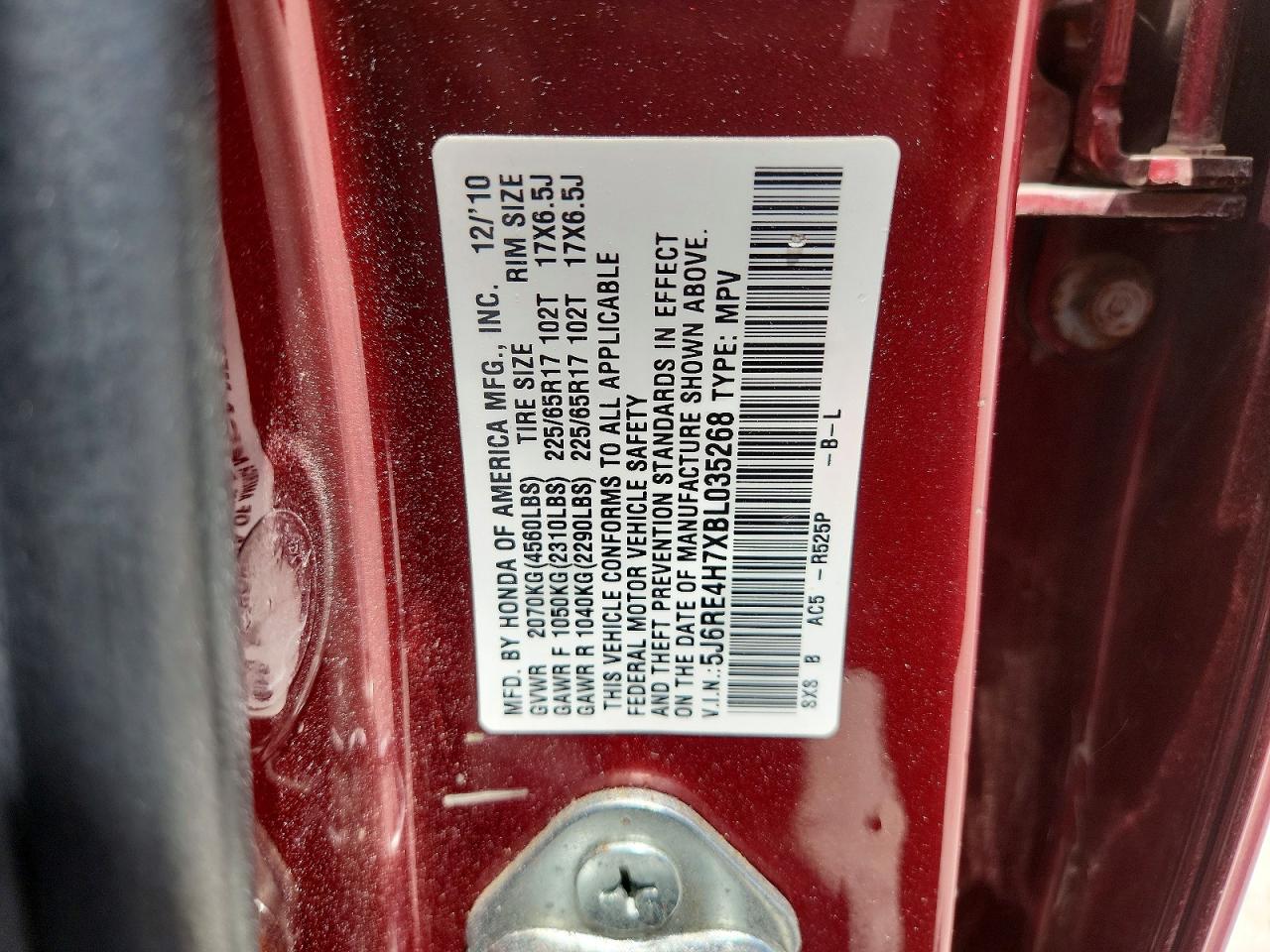 2011 Honda Cr-v Exl Red vin: 5J6RE4H7XBL035268