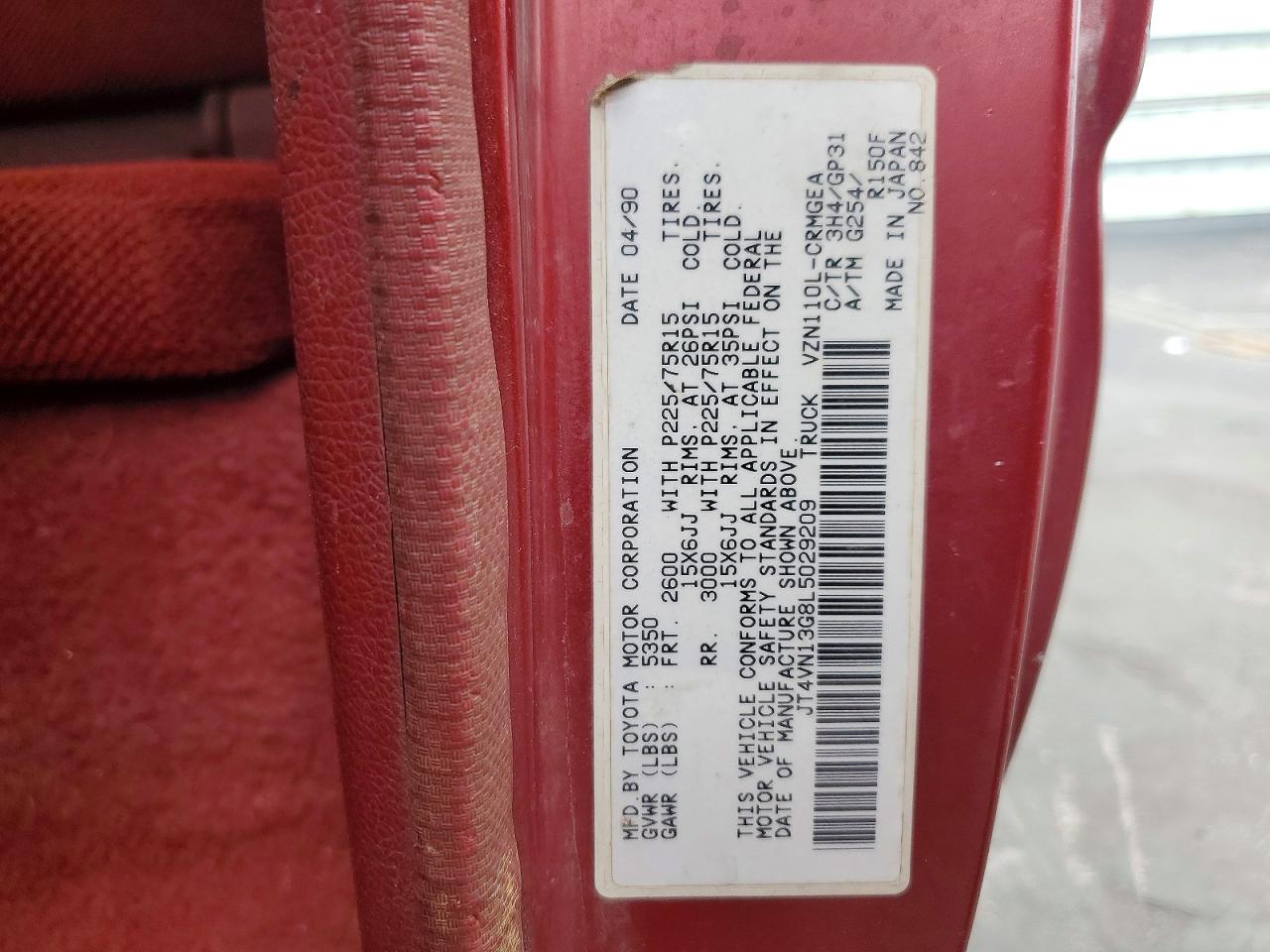 1990 Toyota Pickup 1 Ton Long Bed Dlx Burgundy vin: JT4VN13G8L5029209