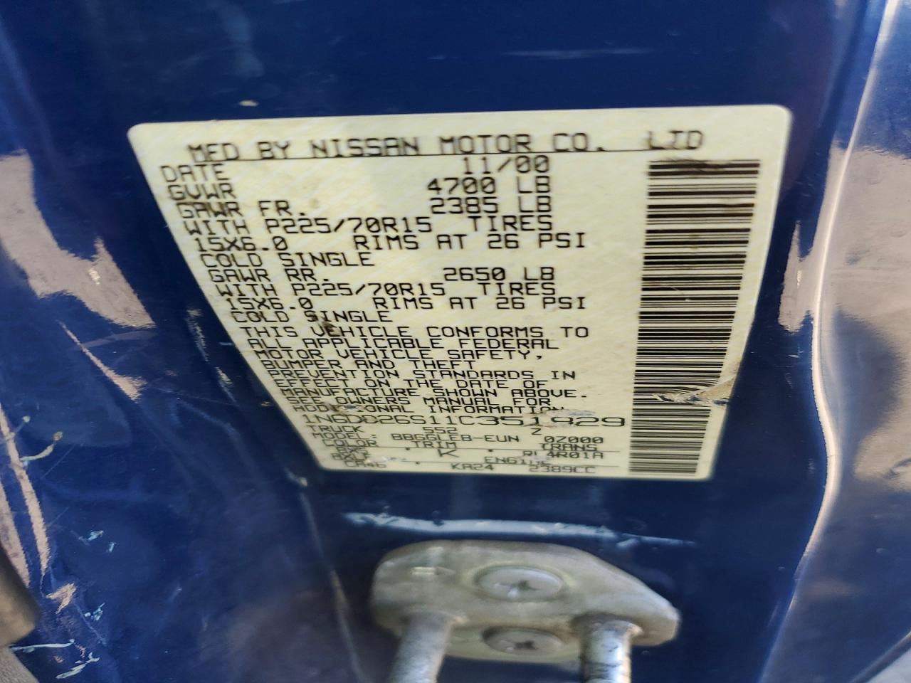 2001 Nissan Frontier King Cab Xe Blue vin: 1N6DD26S11C351829