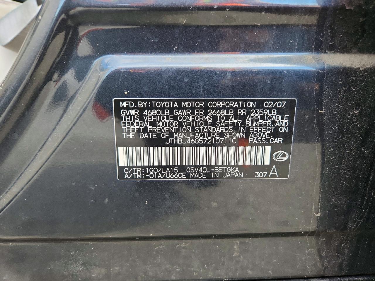2007 Lexus Es 350 Gray vin: JTHBJ46G572107110