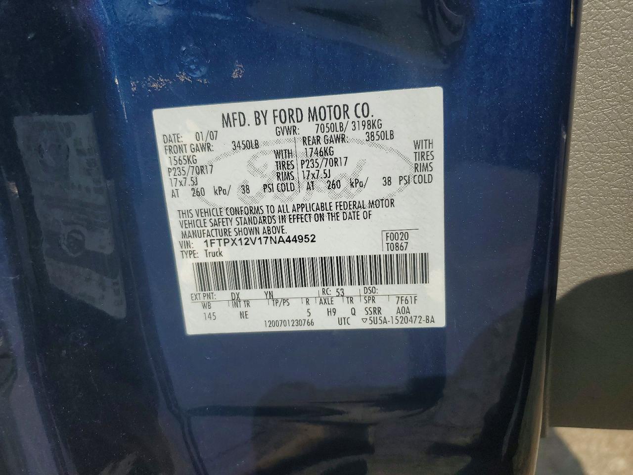 2007 Ford F150 Blue vin: 1FTPX12V17NA44952