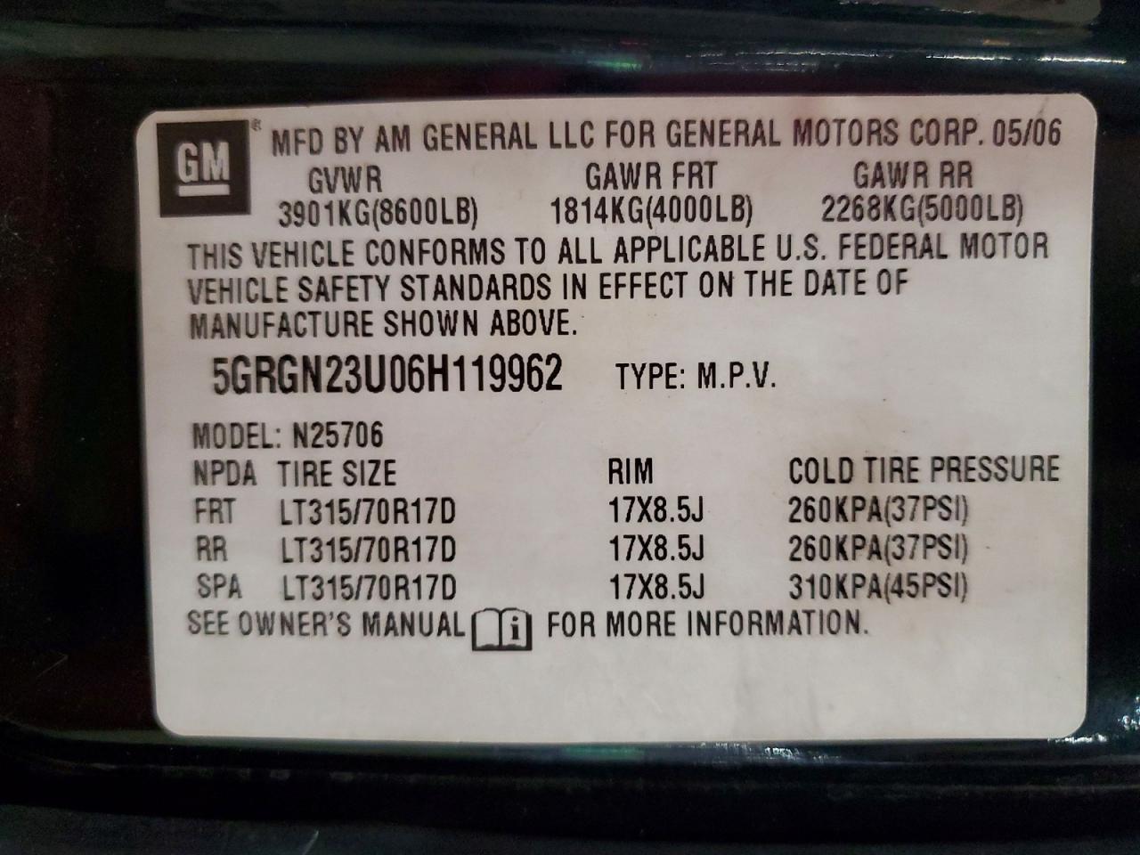 2006 Hummer H2 Черный vin: 5GRGN23U06H119962